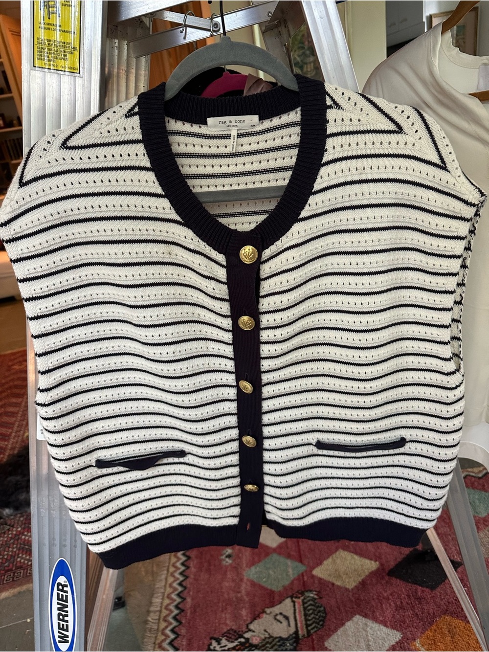 rag & bone Black & Cream Striped Button-Front Sweater Vest